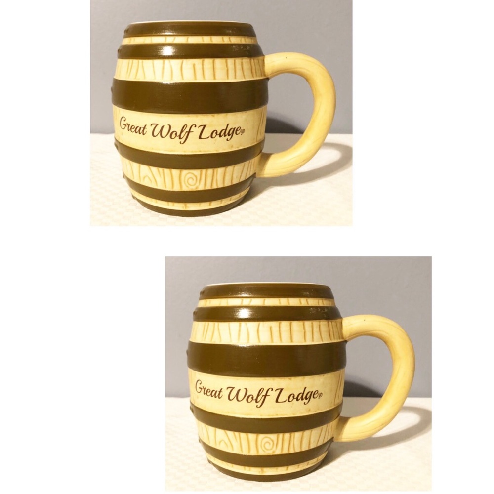 2 Large Great Wolf Lodge Stoneware Barrel 
Coffee Mugs, 16oz